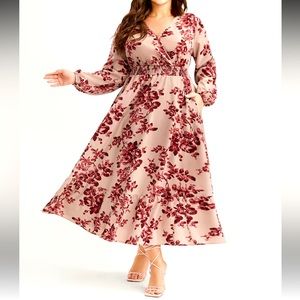 Floral Wrap Lantern Sleeve Pocket Shirred Ruffle Hem Dress